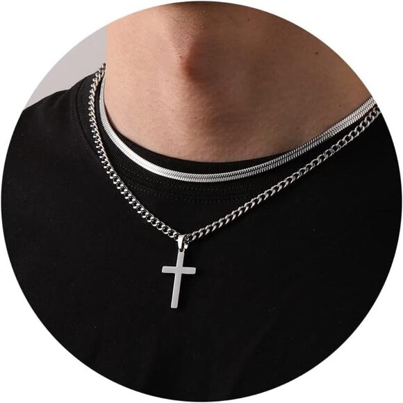 Other - Cross Necklace for Men Boys, Stainless Steel Layered Cuban Link Herringbone Chai